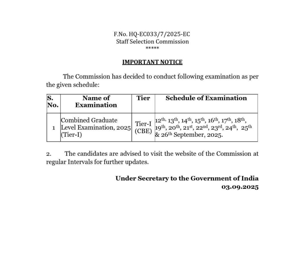 SSC CGL 2025 Tier 1 Exam Dates